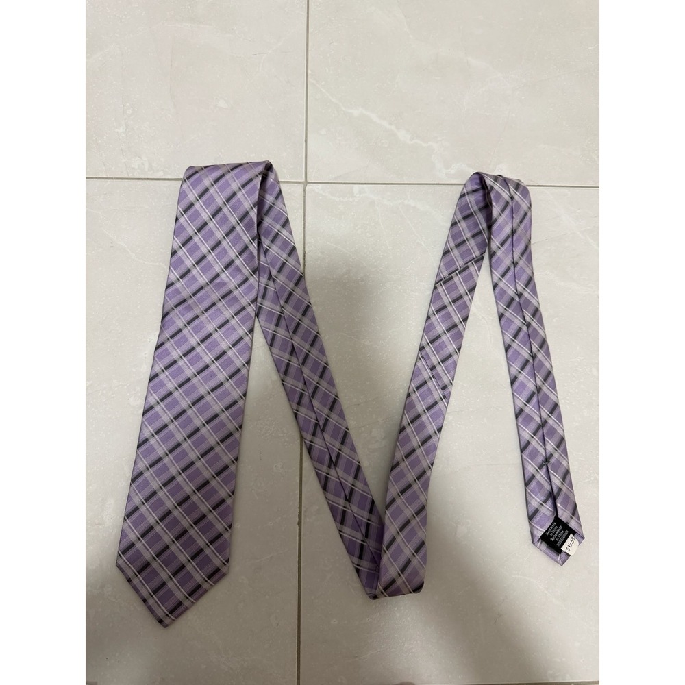 Perry Ellis Portfolio Mens Tie Purple Black Plaid 100% Silk Necktie AS IS